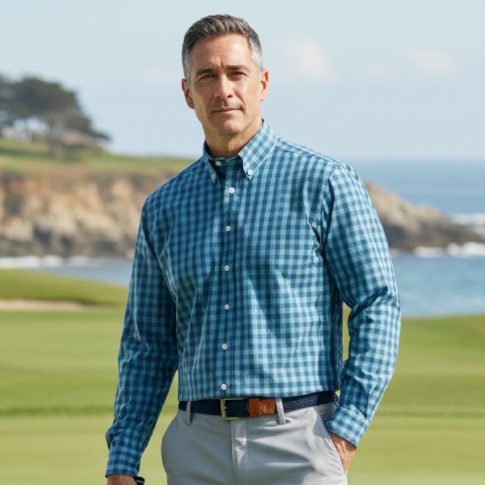 FootJoy Mens Blue Gingham Performance Long Sleeve Button Down Shirt L 29617